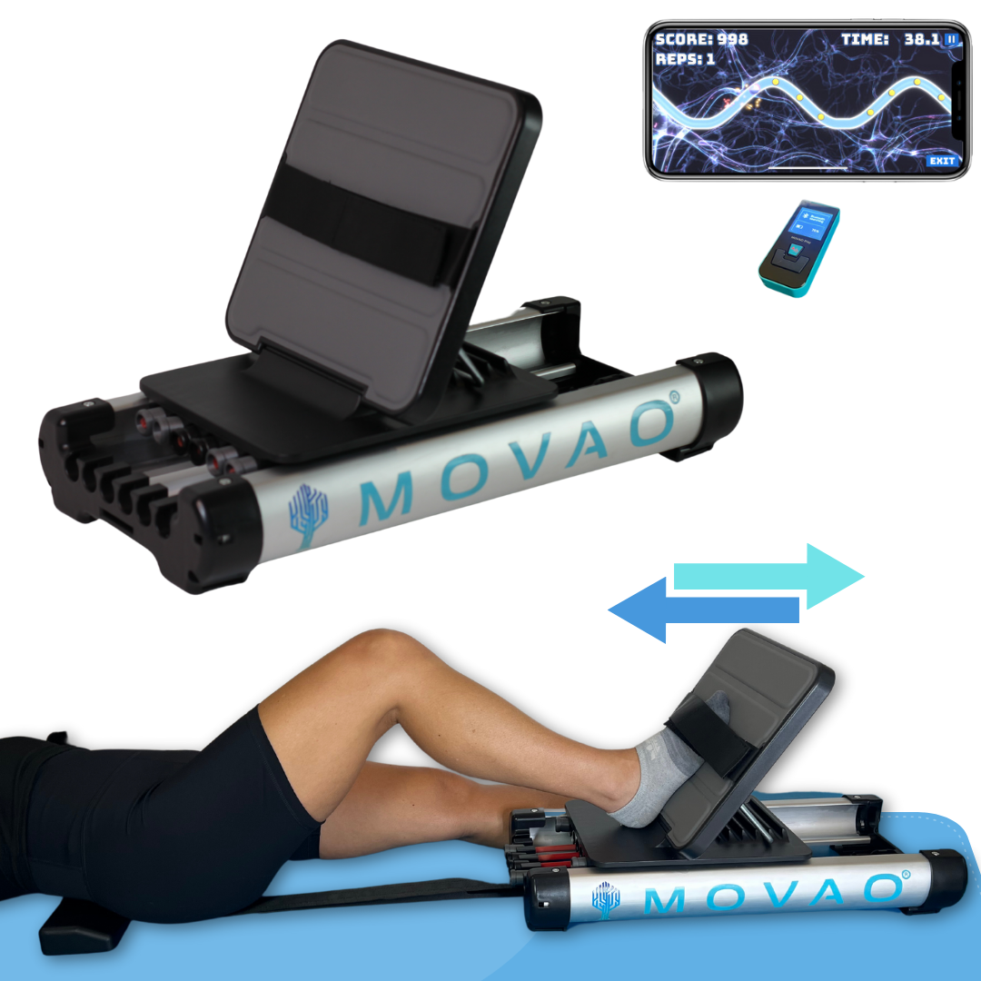 Showing portable leg press in use with directional arrows