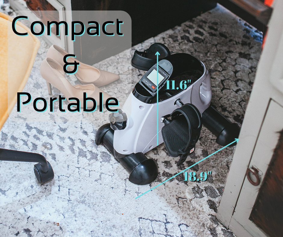 The MOVAO Under Desk Bike measures at 11.6 inches high and 18.9 inches long which makes it easy to fit in your office space but portable to relocate.  Excellent workout to aid in recovery in leg weakness or to engage muscles during a work day.