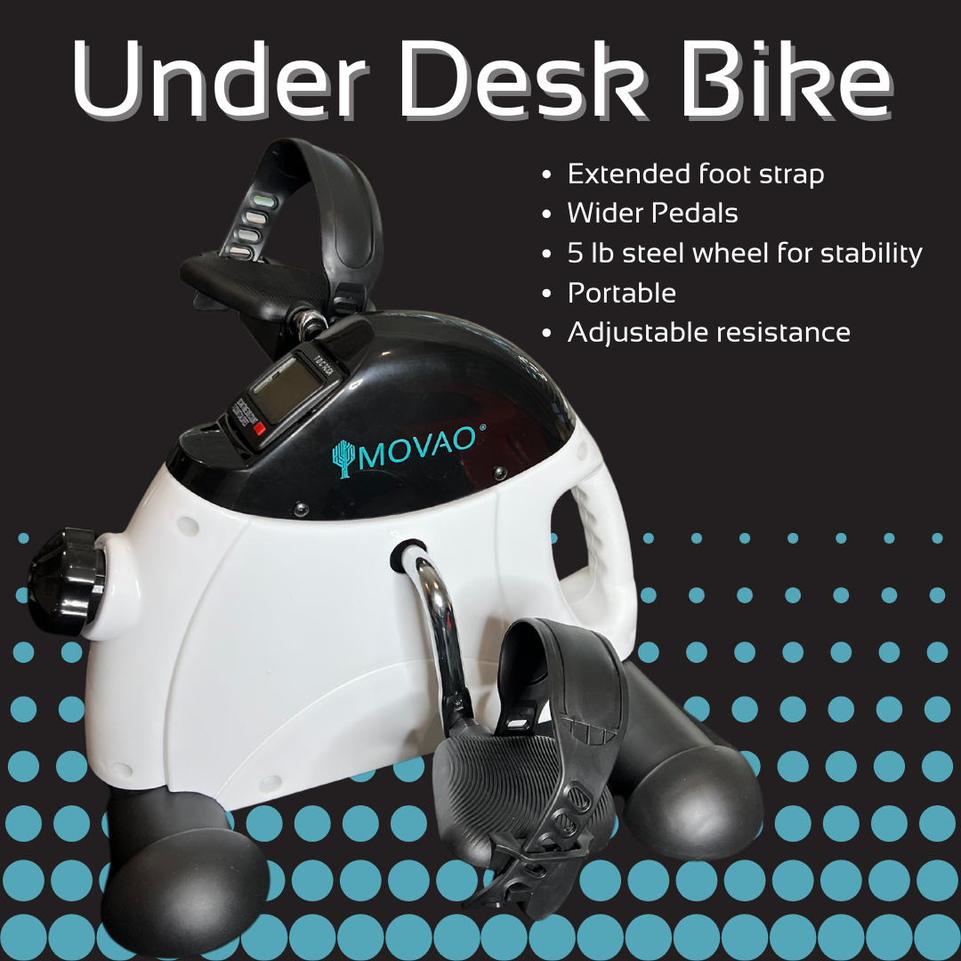 MOVAO Under Desk Bike side view. Change your resistance and enjoy a more sturdy exercise with our extended foot straps, wider pedals, 5lb steel wheel for stability, adjustable resistance and ease of portability.