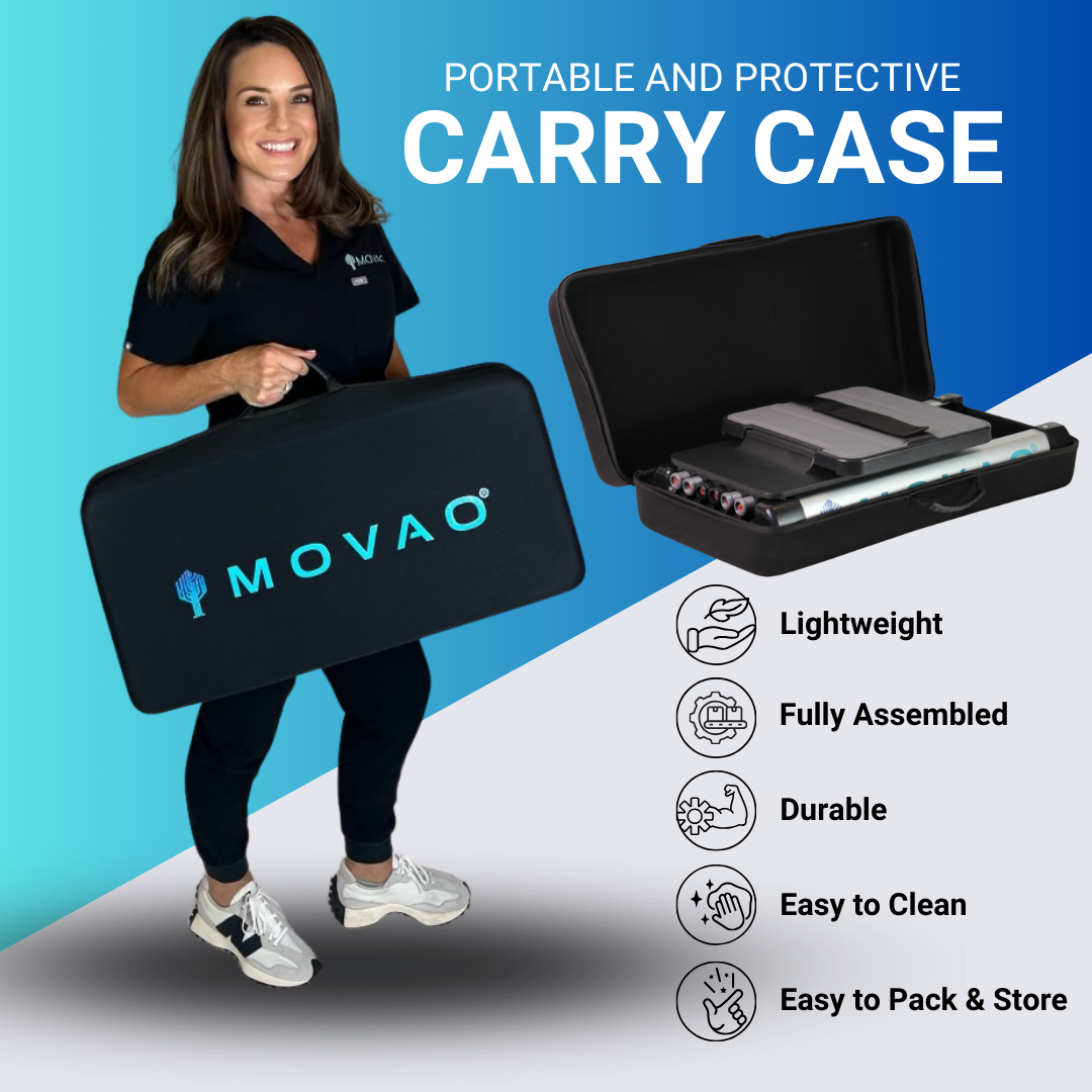 Female therapist carrying the sturdy but lightweight carry case for the portable leg press