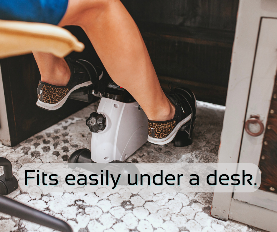 Our bike can easily fit under your desk so you may work out while working.  Pictured is an example  of the bike under a desk with back view. 