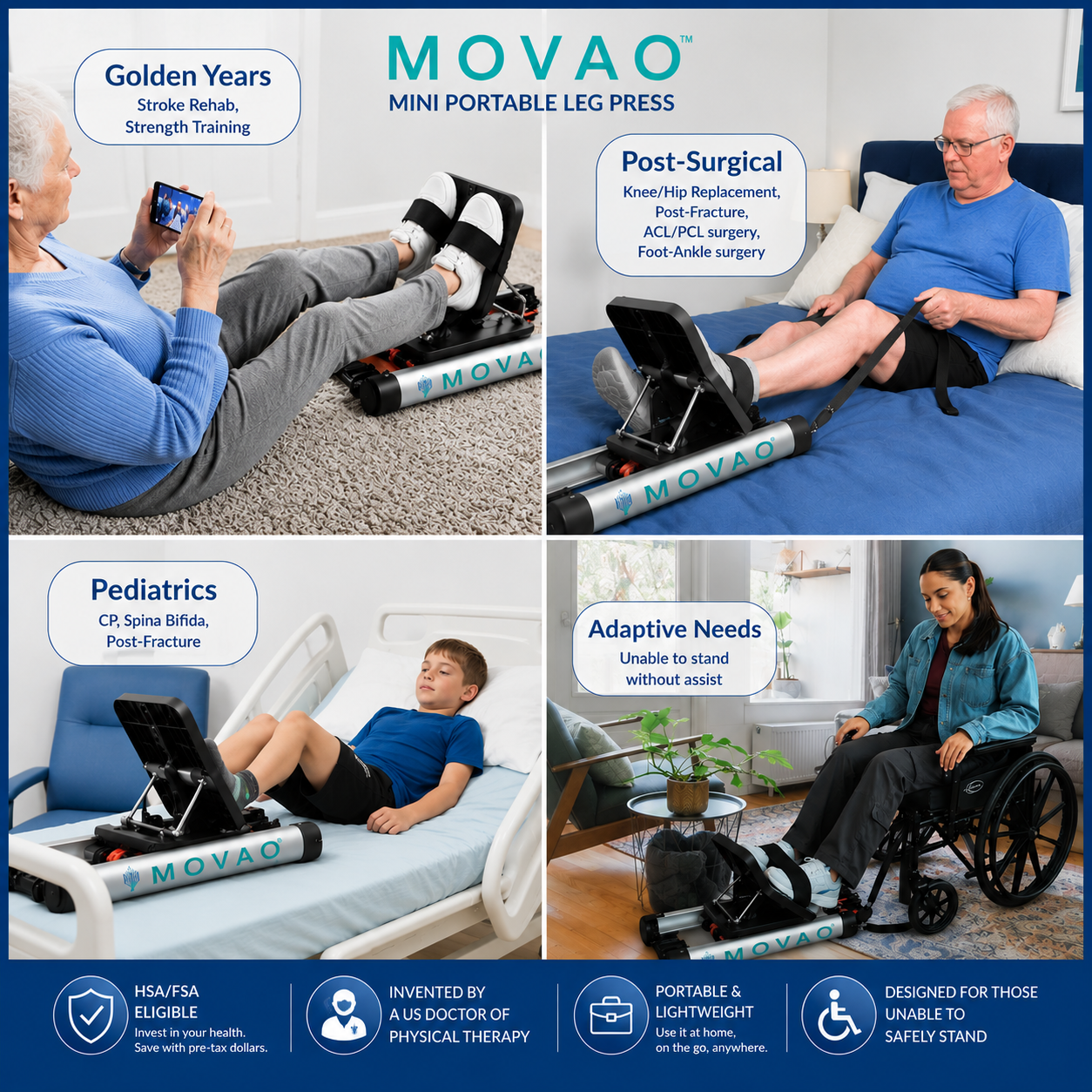 MOVAO Mini In-Bed Leg Press | Portable Physical Therapy Equipment for Seniors, Rehab & Home Recovery | 6 Resistance Levels up to 66lb | Doctor Invented