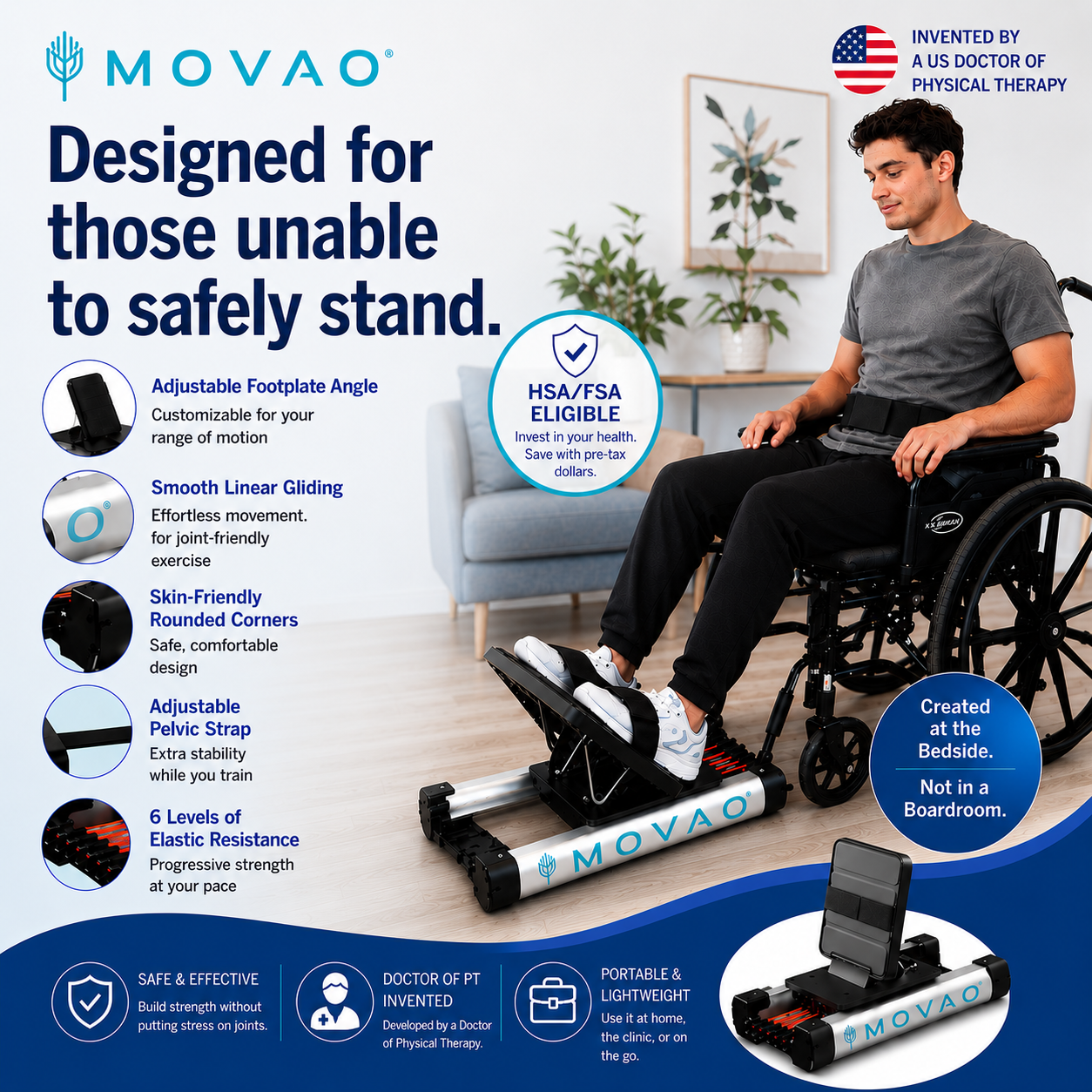 Advertisement for MOVAVO standing aid with features listed and a person using it in a living room.